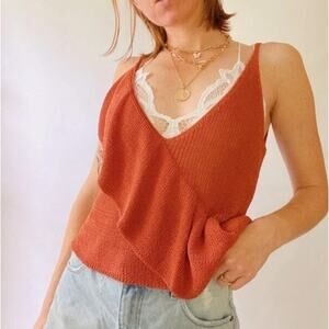 Zara Rust Orange Knit Ruffle Tank Top Western Boho Deep V-Neck Flowy S